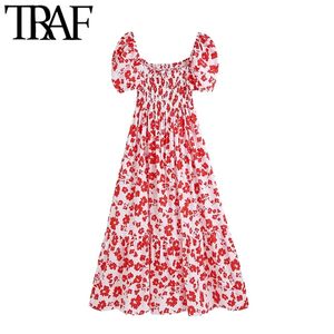 Women Chic Fashion Floral Print Ruffled Midi Poplin Dress Vintage Puff Sleeve Smocked Elastic Female Dresses Mujer 210507