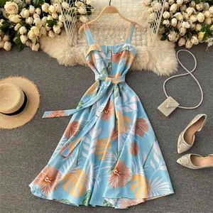 Kvinnor mode sexig tropisk tryck söt söt a-line klänning ärmlös smal eleganta kläder vesitdos R632 210527