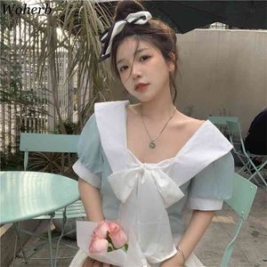 Letnie Koreańskie Kobiety Bluzki Crop Top Koszule Bow Bandaż Eleganckie Topy Moda Cute Bluzka Kawaii Damskie Blusas Mujer 210519