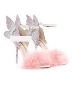 2021 SANDALI da donna in vera pelle tacco alto piume Rose solide ornamenti a farfalla Sophia Webster SCARPE da festa di nozze colorate Panno con paillettes taglia 34-42