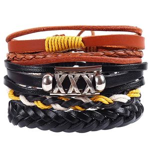 Charm Armband PC Set Hippie Punk Black Brown Leather Triple X Wax Cord Knots Wrap Wide Bangles For Man Hand Smycken