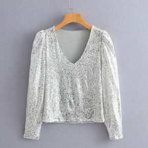 Snygg Silver Sequined Short Blouses Women Fashion V-Neck Toppar Eleganta Dam Knappar Långärmade T-shirts Chic Blusas 210520