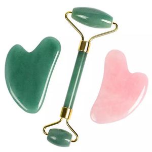 2 pc Set Jade Rosto Rolo Gua Shapador De Cristal Natural Rosa Rosa Rolos Faciais Massagem Pescoço Corpo Beleza Beleza Ferramenta