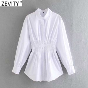 Zevity Frauen Mode Drehen Unten Kragen Taille Elastische Falten Weiße Kittel Bluse Büro Damen Dünnes Hemd Chic Blusas Tops LS9023 210603