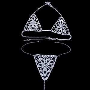Övriga 2021 Kvinnor Sexig Crystal Bikini Set Bling Full Rhinestone Hollow Out Breast Bra Crops Top UnderPant Night Club Body Chain Smycken