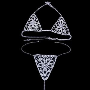 Outros 2021 Mulheres Sexy Cristal Bikini Set Bling Full Strass Hollow Out Bra Colheitas Top Superfície Night Club Cadeia De Corpo Jóias