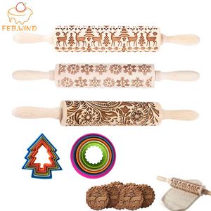 3D Wooden Embossed Christmas Rolling Pin Set With Xmas Cookie Cutter Decorative Rolling Pins Christmas Cookie/Dough Roller 145 210401