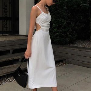 Casual Dresses Cryptographic Cut Out Sexig Backless Kvinnors Midi Dress Bandage Lesveless Fashion Outfits Sommar Spaghetti Strap Vestido