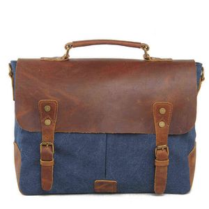 Mäns Messenger Bags Canvas Shoulder Bag Handväska Crazy Horse Läder Briefcase Retro Office Bag Drop