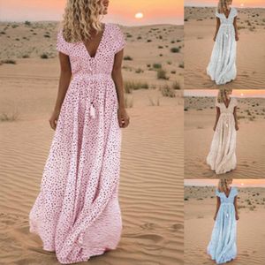 Polka Dot Maxi Dressホワイトエレガントな女性ノースリーブレース夏2020ビンテージファッションセクシーなディープv Boho Big SwingロングドレスVES X0521