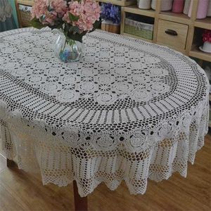 Handmade Crochet Table Cloth Oval Dinner cloth Crocheted Lace Cotton table Long cover 211110