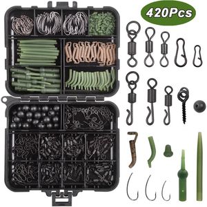 420Pcs/Box Carp Fishing Tackle Kit Swivels Hooks Anti Tangle Sleeves Hook Stop Beads Boilie Bait Screw Accessories Storage Box