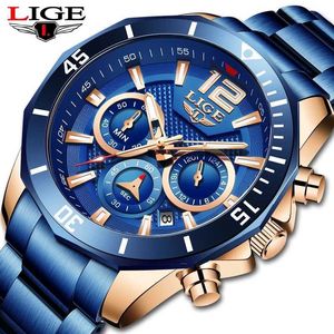 Reloj Hombre LIGE Модные Синие Мужские Часы Лучший Бренд Роскошные Кварцевые Часы Для Мужчин Все Стальные Спортивные Водонепроницаемый Хронограф 210527