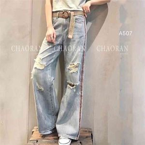 Spring Korea Fashion Women High Waist Ripped Jeans Cotton Denim Wide Ben Byxor Slim Ladies Gratis Bälte Plus Storlek S665 210512