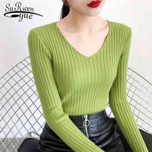 Autumn V Neck Sweater Women Long Sleeve Knitwear Elastic Knitted Pullover Soft Slim Jumper Winter Clothes 10431 210510