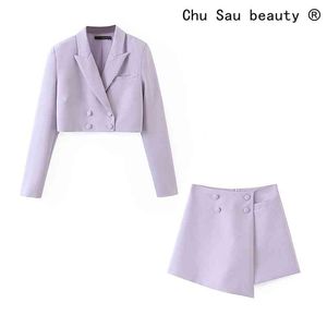 Primavera Outono Mulheres Dupla Light Roxo Duplo-Peito Curto Crotes Suits Blazers Tops + Mini Sexy Irregular Culottes 210514