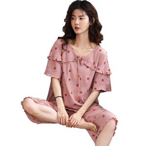 O-Neck Print Women Pajamas Sets 2PCS Floral Trim Modal Pyjamas Sleep Suit Sleepwear Nightwear Summer Loose Lingerie Home Wear Q0706