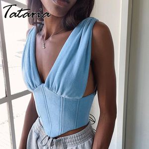 Sexy Corset Tops для изнашивания женщин синий V-образным вырезом шеи летний ремешок для женщин винтажная уличная одежда 210514