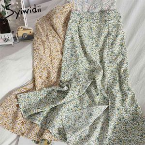 Syiwidii ​​Boho Floral Print Шифон Юбка для Женщин Черная Эластичная Высокая Талия Дрезмальный Весна Лето Розовый Синий Зеленый MIDI Юбки 210730