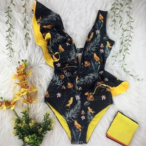 2021 Neuester sexy Rüschen-Druck-Blumen-Einteiler-Badeanzug, schulterfrei, Bademode, Damen, solide, tiefe V-Beachwear-Badeanzug, Monkini, 5 Stück