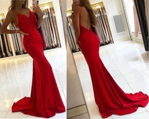 Sexy Spaghetti Meerjungfrau Red Prom Dress Lange Spitze Applique Abendkleid Abschluss Partei Formale Kleider