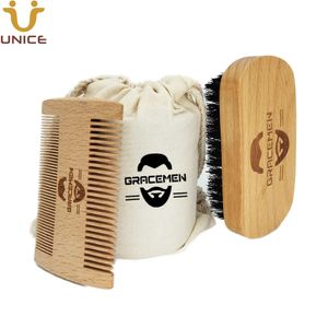 MOQ 100 sätter OEM Custom Logo Beech Wood Hair Beard Brush och kam Set med bärbar väska för anti statiska verktyg Skäggiga herrar dagligen