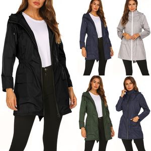 Damska Joga Fitness Sportswear Jacket Ladies Fashion Wiatrówka Wodoodporna Płaszcz RailCoat Kobiety Slim Średnie Długie Kurtki Górskie Kartuar Z Kapturem Odzież Odzieżowa