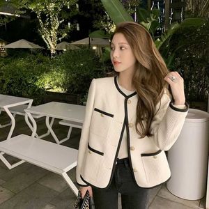 Koreli Kadın beyaz Tüvit Ceket Kaban Kadın Kabanlar Palto Kanal Tarzı Za Takım Elbise Kırpılmış Çizgili Kawaii Yuvarlak Boyun Rahat Y0827