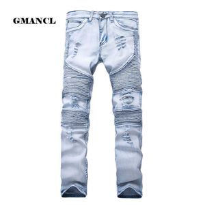 Mens Skinny Jean Distressed Slim Elastic Jeans Denim Biker Jeans Hip Hop Byxor Tvättade Rippade Jeans Plus Storlek 28-42, YA558 210622