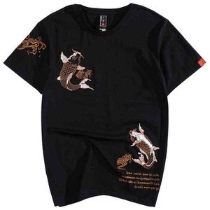T Shirt Men Chinese Embroidery Cotton Short Sleeve Fish Casual Loose Breathable Summer op Harajuku Streetwear Male G1217