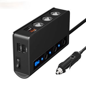 Quick Charge 3.0 Car Cigarette Lighter Splitter 12V/24V 3-Socket 180W ON-OFF DC Power with 4-Port USB Auto Charger