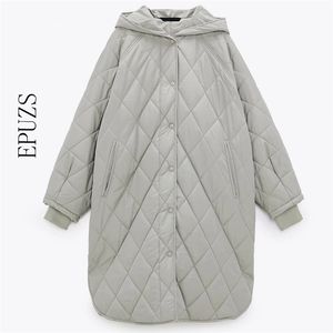 Vinterjacka Vintage Plaid Hooded Parka Kvinnor Casual Fickor Bomull Långt kappa Kvinna Lös Oversize Outwear 210521