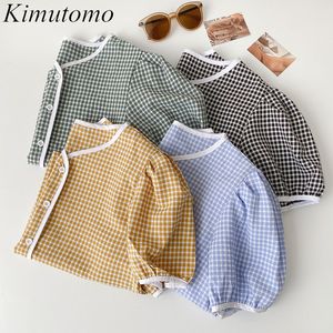 KIMUTOMO格子縞のシャツの女性春の韓国のファッションの女性のVネック緩いカジュアル半袖ブラウスの外出エレガント210521