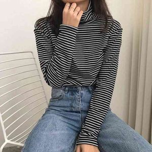 Striped Women's T-shirt Spring Fall Plus Velvet Turtleneck Long Sleeve Black White Stripe Tops Fashion Thick Warm Bottoming Tees 210526