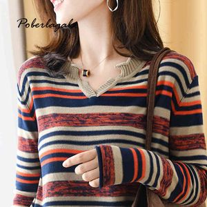 Dra Femme Loose Stripe Sweaters Kvinnor Pullovers Höst Vinter Koreansk Pullover Casual Strikkad Ladies Sweater Womens Jumper 210420