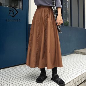 夏の春の女性の韓国風のヴィンテージプラスサイズのMidi Solid All Match Elastic High WhiestプリーツA-Line Skirt B14108X 210416