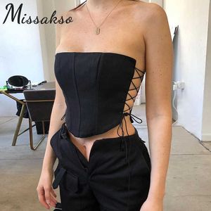 Missakso Sexy Black Camisole Bodycon Lace Up Club Sleeveless Fashion Hollow Out Skinny Streetwear Women Strapless Crop Top 210625