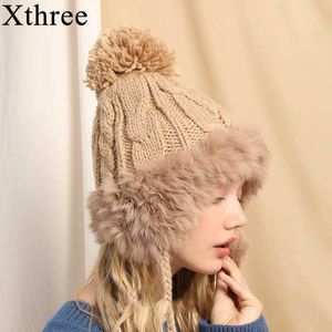 Xtre paraorecchie invernali lavorate a maglia berretti da donna cappello bomber in pelliccia di coniglio berretto con paraorecchie casual cappelli invernali da cacciatore cappelli russi femminili G0923