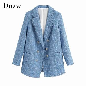 Moda Escritório Desgaste Blue Tweed Blazer Mulheres Elegante Dupla Jaqueta Casaco Casual Bolsos de Manga Longa Outwear 210515