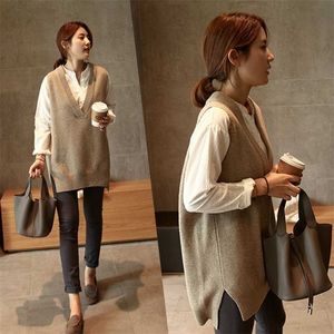 V Neck Girls Sweter Kamizelka Sweter Jesień Zima Krótkie Dzianiny Kobiety Swetry Kamizelka Bez Rękawów Ciepły sweter Casual Oversize 211011