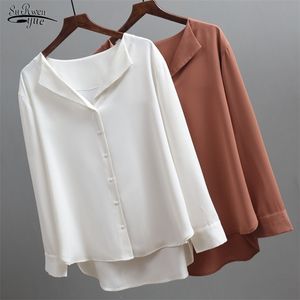 Blusa Sonbahar Kadın Şifon Bluz Ofis Lady V Yaka Düğmesi Gevşek Giyim Rahat Katı Kadın Gömlek Dış Giyim Tops 5104 210521