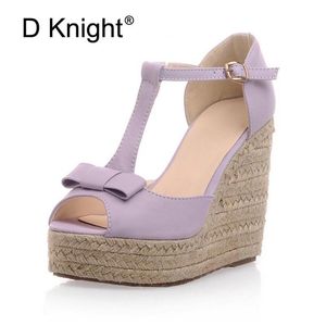 Bow Straw High Heels Gladiator Platform Sandals For Women Simple Summer Buckle T-Strap Pu Leather White Wedge Lolita Shoes Woman