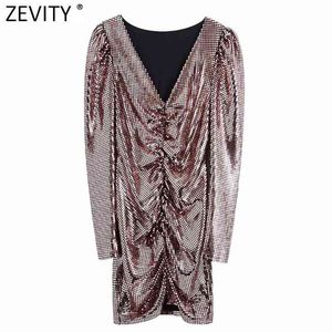 Wiosna Kobiety Sexy V Neck Rękaw Puff Seksowna Plisowana Slim Mini Sukienka Kobiet Chic Club Party Vestidos Casual Tkaniny DS4880 210416