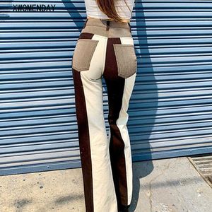 Hög midja bredbenbyxor för kvinnor Elegant vintage Y2K Brown Denim Trousers Koreanska Fashion Pocket Patchwork Streetwear 2021 Q0801
