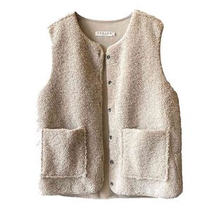 Mulheres Faux Teddy Lambswool Vest Balde Sem Mangas Brown Babolete Bolso Jaqueta Inverno C0399 210514