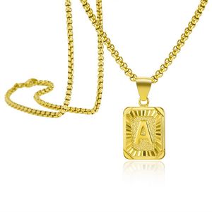 Initials Pendant Letter Name Necklace For Women Men Gold Silver Color Square Alphabet Charm Box Link Chain Couple Jewelry