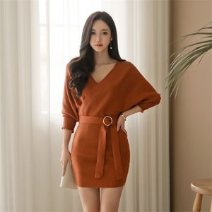 Herbst MIni Shirt Kleider Korea Laides Langarm V-ausschnitt stricken Mini Party für frauen kleidung 210602