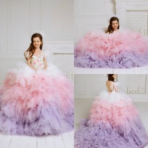 Luxury Feather Ball Gown Flower Girl Dresses For Wedded Beaded Lace Appliqued Toddler Girls Pageant Dress Kids Formal Wear Prom Crows