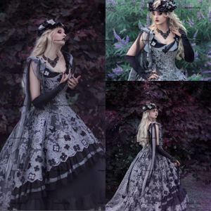 Grå Svart Lace Gothic Evenig Klänningar Mystic Garden Butterfly Lace up Corset Top Renaissance Halloween Cosplay Prom Dress Plus Storlek