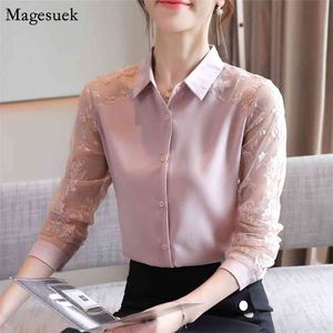 Fashion Lapel Lace Chiffon Blouse Women Autumn Korean Long Sleeve Cardigan Button Up Shirt Casual Pink Top 11491 210512